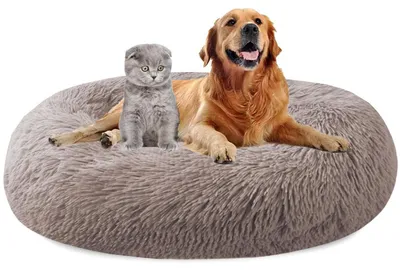 Immagine prodotto di Cuccia per cani, forma a ciambella, diametro 80 cm, beige e marrone, in peluche, lavabile, antiscivolo
