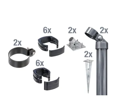 Zdjęcie produktu dla Alberts 601928 Zestaw łączący bramę z plecionej siatki drucianej ze spawaną siatką drucianą Fix-Clip Pro®, zestaw,2s, ocynkowany, fosforanowany antracytowo-metaliczny, z wbijaną tuleją uziemiającą, Ø słupka bramy: 60 mm, wysokość ogrodzenia: 1220 mm