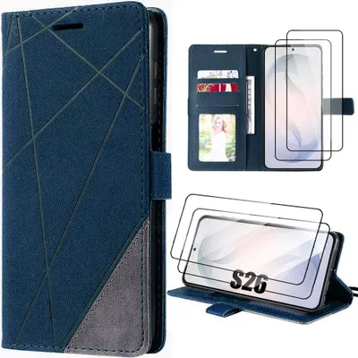 Image de Coque + 2 Verres Trempés pour Samsung Galaxy S26, Protection Anti-Rayures Effet Cuir Élégant - Bleu Marine