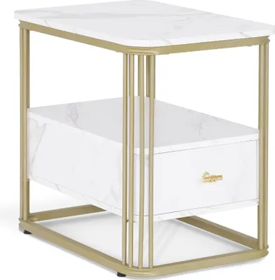 Produktbild von M MCombo Beistelltisch mit Schublade, Modern Sofatisch Marmor Weiß Gold, Klein Kaffeetisch Metallgestell, Nachttisch mit 2 Ablagen, Couchtisch ,2138