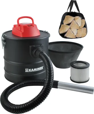 A collection of items for cleaning fireplaces and grills, including a vacuum, filters, and a bag of wood.