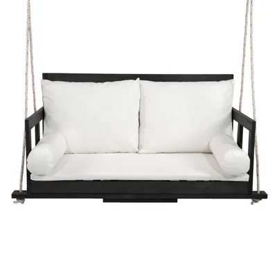 Produktbild von okwish Schaukelstuhl Doppelsitz mit Komfortkissen und zwei Seilen Garten-Hängesessel abnehmbaren Sitzkissen Gestell nicht enthalten Schwarz