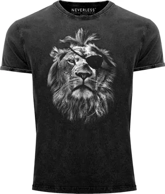 Produktbild von Cooles Angesagtes Herren T-Shirt Vintage Shirt Löwe Lion Aufdruck Used Look Slim Fit Neverless® schwarz XL