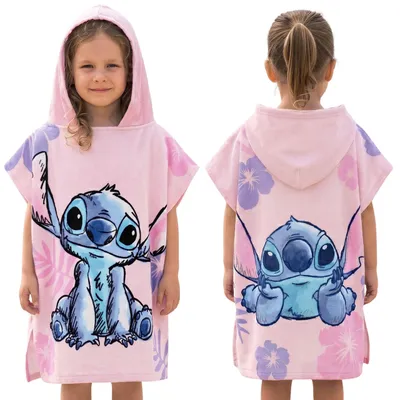 Produktbild von Disney Stitch Kinder-Badeponcho mit Kapuze, rosa Strandponcho aus 100 % Baumwolle, schnelltrocknend,