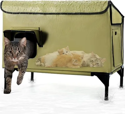 Produktbild von Großes Katzenhaus Outdoor Winterfest Isoliert, Erhöhtes Katzenhaus für Draußen mit Schrägdach und Fluchttür für Verwilderte Freigängerkatzen, Streunerkatzen vom Bauernhof (Grün)