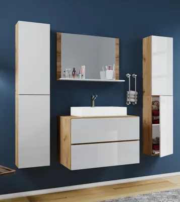 Produktbild von VCM 5-tlg. Waschplatz Waschtisch | Waschbecken Unterschrank Breite 80 cm | Badmöbel Set mit Schubladen Drehtüren Spiegel | Lendas XL