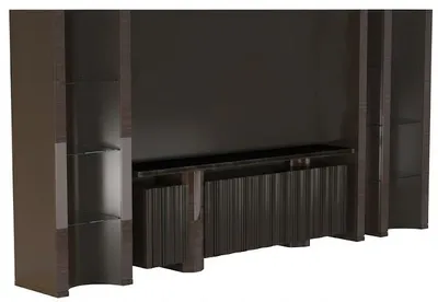 Immagine prodotto di Mobile parete a parete in legno noce scuro, con vetrine e spazio contenitivo. Arredamento in legno