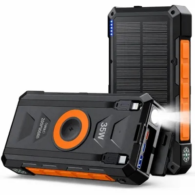 Image de Batterie externe Solarakku 20000mAh Linomag®, charge rapide USB-C 35W, charge sans fil 15W, 2 câbles intégrés, 3 ports USB, panneau solaire, lampe de poche LED, boussole et thermomètre, couleur orange