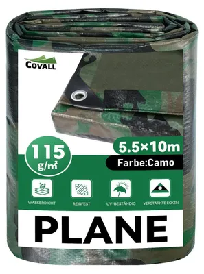 Immagine prodotto di Telo protettivo impermeabile con occhielli, mimetico, 5,5 x 10 metri, 115 g/m², resistente ai raggi UV, resistente allo strappo, in HDPE