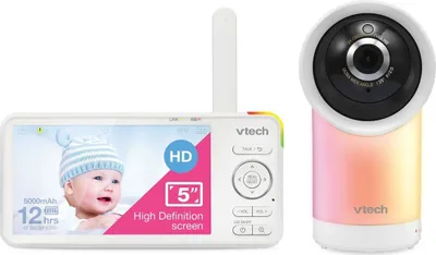 A VTech video baby monitor set, including the parent unit with a screen and the baby unit camera.