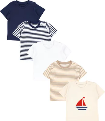 Produktbild von TupTam Baby Jungen Kurzarm T-Shirt mit Aufdruck Unifarben Sterne Streifen 5er Set, Farbe: Navy Streifen Beige Streifen Weiß Cremebeige Anker, Größe: 80