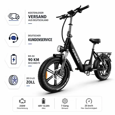 Produktbild von Literider 2.0 20 Zoll Fat E-Bike Tiefeinsteiger 250W, 48V 13,5Ah Akku, bis 90 km, Shimano 7-Gang, bis 180 kg