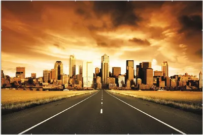 Produktbild von Wallario Wandbild Skyline am Ende der Straße, Größe: 61 x 91,5 cm, Poster mit rahmenlosen Bildhalter