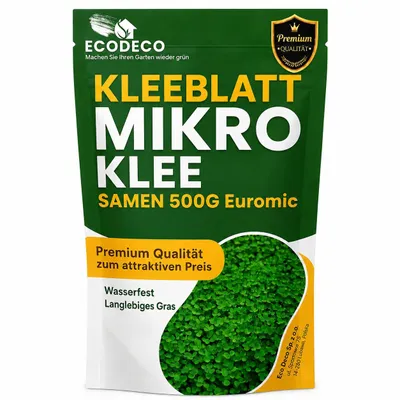 Zdjęcie produktu dla ECODECO Nasiona mikrokonicyny Nasiona koniczyny białej Nasiona koniczyny do trawników Nasiona koniczyny karłowatej Euromic – dla uzyskania równomiernej i zielonej trawy Microclover – nasiona trawy 500 g