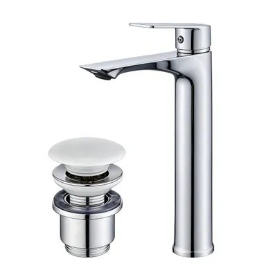 Produktbild von Homelody Wasserhahn Bad mit Universal Ablaufgarnitur Armatur Mischbatterie Waschbeckenarmatur mit Weiß Pop-Up Ventil Messing Überlauf Abflussgarnitur