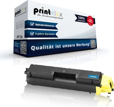 A product shot of a toner cartridge and its packaging, presented on a reflective white surface.