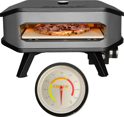 Produktbild von COZZE® 90349 Pizza-Gas-Ofen mit Thermometer Temperaturanzeige Profi bis 400° Grad mit 34x34 cm Pizzastein - tragbarer Pizzaofen Steinofen-Pizza für Terrasse, Balkon Garten Camping