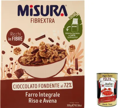 Produktbild von 3x Misura Cereali Fibrextra, Müsli mit Schokoladenlöcken, Vollkornschild, Reis und Vollkorn, 300g + Italian Gourmet polpa 400g