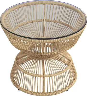 A rattan coffee table with a glass top, presented on a white background.