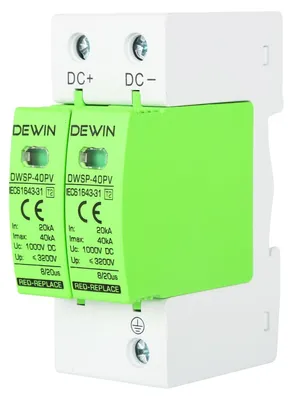 Produktbild von DEWIN Überspannungsschutz PV DC 1000V, 2P 40kA Photovoltaik Überspannungsableiter DC Blitzschutz Hutschiene