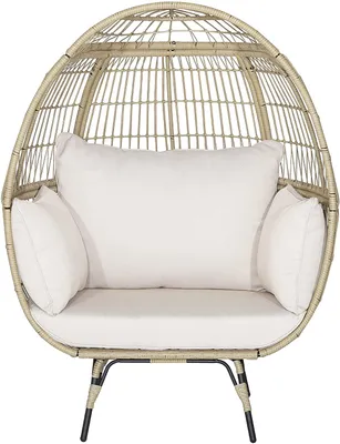Produktbild von GOPLUS Korbsessel mit Kissen, Gartensessel mit Metallgestell, Rattansessel in Eiform für Wohnzimmer, Garten, max. 205 kg belastbar