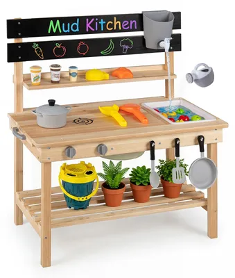 Image de COSTWAY Cuisine de jeu 2 en 1, avec plan de travail coulissant, évier, ustensiles de cuisine, accessoires et compartiments de rangement, cuisine en bois pour enfants à partir de 3 ans