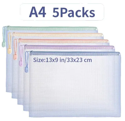 Imagen del producto de Fundas para documentos de malla, impermeables, con cremallera, tamaño A4, paquete de 5 unidades