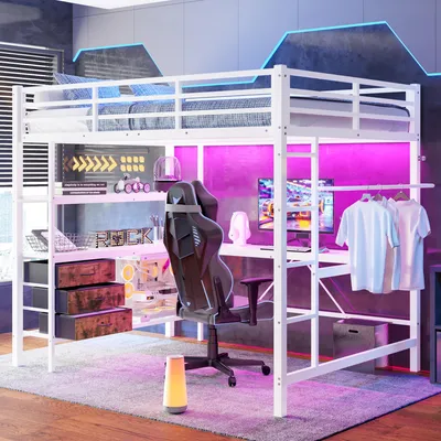 Zdjęcie produktu dla ELANDEPOT Łóżko na antresoli 140 × 200 cm biały Oświetlenie LED ładowanie USB i USB-C zintegrowana stacja ładowania biurko szuflady miejsce do przechowywania