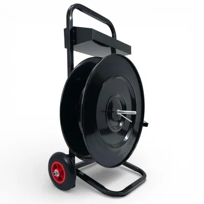 Produktbild von DeTec. Profi Abrollwagen für PP & PET Umreifungsband – 406 mm Kern – mit Ablaufbremse & Ablagekasten Schwarz
