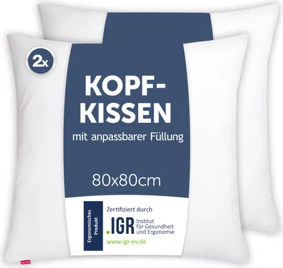 Produktbild von 2er Set Blumtal Kopfkissen 80x80 – orthopädische Nackenstützkissen – anpassbar, , Mikrofaser, waschbar, für Allergiker & Seitenschläfer