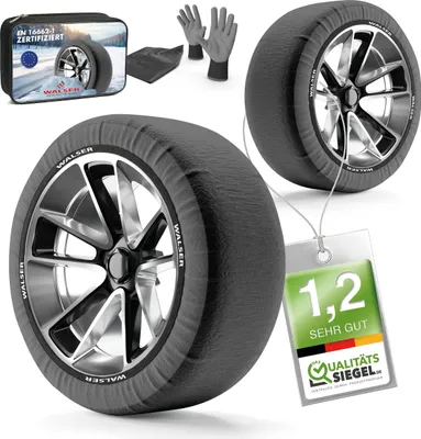 A product shot of textile snow chains for tires, including a storage bag and gloves, with a certification tag.