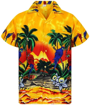Produktbild von Hawaii-Hemd - Kurze Ärmel - Papageienmuster - Gelb - Größe XL