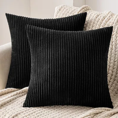 Produktbild von Set mit 2 Kissenbezügen aus Cord, geeignet für Sofakissen, Zierkissen und Dekokissen, mit verdecktem Reißverschluss, 45 x 45 cm, schwarz