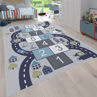 Produktbild von Kinder-Teppich Für Kinderzimmer, Spiel-Teppich Mit Hüpfkästchen und Straßen, Grau Grösse 240x340 cm