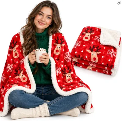 Produktbild von Weihnachtsdecke 100 x 150 cm aus Polyester – Kuschelige Wohndecke und festlicher Weihnachtsplaid