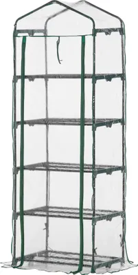 Produktbild von Outsunny Foliengewächshaus Mini-Gewächshaus mit 5 Regale für Blumen oder Gemüse Aufzucht Treibhaus Transparent+Grün Stahl Kunststoff 69 x 49 x 193 cm