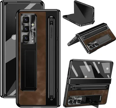 Immagine prodotto di Custodia per Samsung Galaxy Z Fold 7 con lente in metallo e protezione della cerniera, supporto in pelle vintage con supporto per S Pen e protezione dello schermo Caffè
