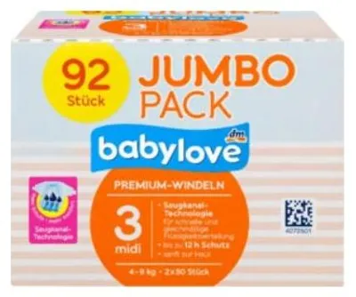Image de babylove Lot de 92 couches de qualité supérieure Taille 3 midi 4-9 kg