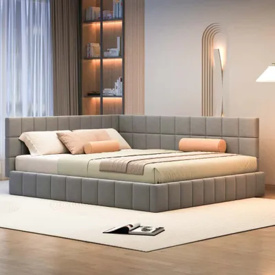 Productafbeelding van AIORBER slaapbank, 160 x 200 cm, met rugleuning en armleuningen, fluweelstof, zacht en comfortabel, lattenbodem, gestoffeerde bedbank, stabiel, multifunctioneel, grijs
