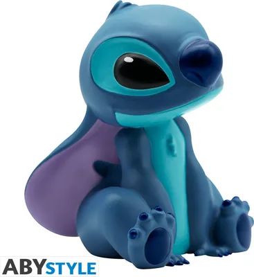 A close-up of a Stitch figurine, likely a piggy bank, against a white background.
