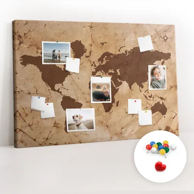 Imagen del producto de Tablero de corcho con chinchetas – Tablero con chinchetas para fotografías y notas – 120x80 cm – Chinchetas de colores, 100 unidades – Mapa del mundo de estilo vintage