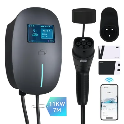 Produktbild von Puluomis Wallbox Ladestation 11kW Ladekabel 7m Typ 2 mit Halter,EV Ladegerät 3-phasig 6-16A einstellbar, IP65 mit Wlan & Bluetooth 24h Timer Grau