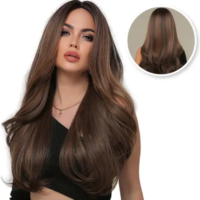 Produktbild von Braune Perücke - Perücken Damen - Perücke - Verstellbar - Langes gewelltes Haar - Braun - 70 cm