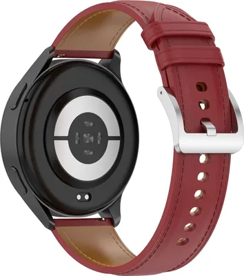 The back of a smartwatch with a red leather strap.