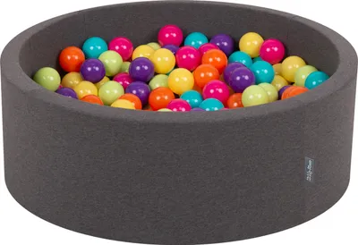 Zdjęcie produktu dla KiddyMoon suchy basen okrągły z piłeczkami 7cm ciemnoszary: jasny zielony-żółty-turkus-pomarańcz-ciemny róż-fiolet 90x30cm/200piłek zabawka basen piankowy