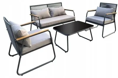 Produktbild von Gartenmöbel-Set 4-tlg. Schwarz/Grau, Stahl-Rattan, Sofa, 2 Sessel, Tisch