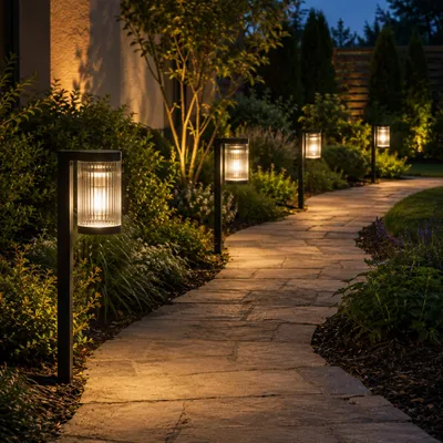Produktbild von LUMILED 4er Set Solar Wegeleuchte Außen 58 cm 4 Stück LED Gartenleuchte 3000K Warmweiß IP54 Spritzwasserdicht geriffelter Schirm Schwarze Solar Pollerleuchte Wegbeleuchtung für Garten Terrasse und Einfahrt