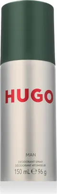 A product shot of a Hugo Boss deodorant spray can.