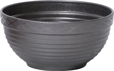 A dark gray planter pot with horizontal ridges and a diamond pattern near the rim, shown against a white background.
