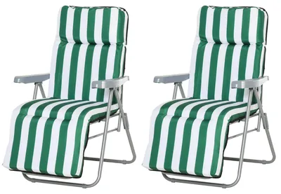 Image de Transat de jardin en acier, ensemble de 2 chaises longues pliables avec coussin, réglable en 5 positions, vert et blanc | Résistant aux intempéries | Capacité maximale : 120 kg | Dimensions : 60 x 75 x 102 cm